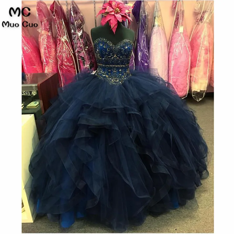 2018 Navy Blue Prom dresses Long with Crystals Ball Gown Organza Ruffles graduation dresses Evening Prom Dress for Women