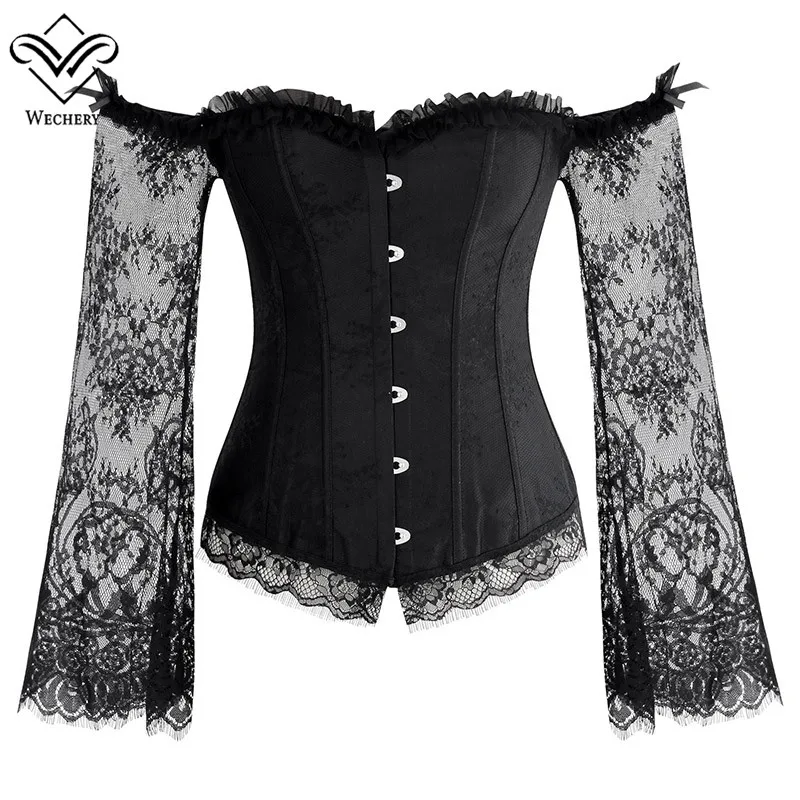 Black Wechery, Женский стимпанк корсет, сексуальный, длинный рукав, кружево, корсеты, на шнуровке, бюстье, корсеты для осанки, вечерние, Клубные, свадебные, размера плюс - Цвет: Black