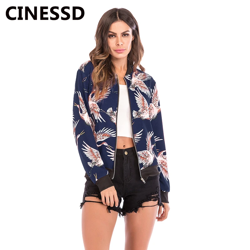 CINESSD Women Crane Print Jacket Coat Blue Long Sleeves Cardigan Zipper Patchwork Casual Autumn Sport Loose Baseball | Женская одежда