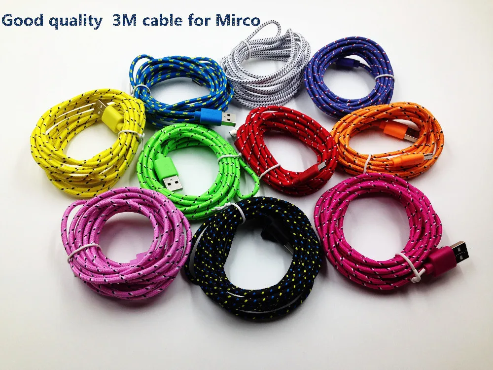 100 шт./лот плетеный провод Micro USB кабель 3 м 9 футов Синхронизация Нейлон Плетеный 5pin