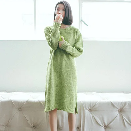 Зимнее платье 2017 женская обувь корейский стиль Винтаж одноцветное Цвет с длинным