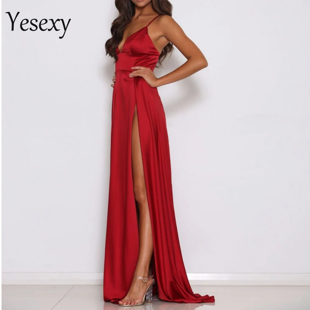 Yesexy 2020 Women Sexy New Clubwear Evening High Split Dresses Female Red Color Christmas Party Elegant Maxi Dress VR8191 | Женская