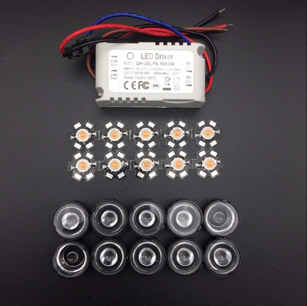 10 шт. 3 Вт растение растет полный спектр 400-840nm высокой мощности LED+ 10 шт. 60 градусов объектив+ 1 шт. 6-10x3w драйвер