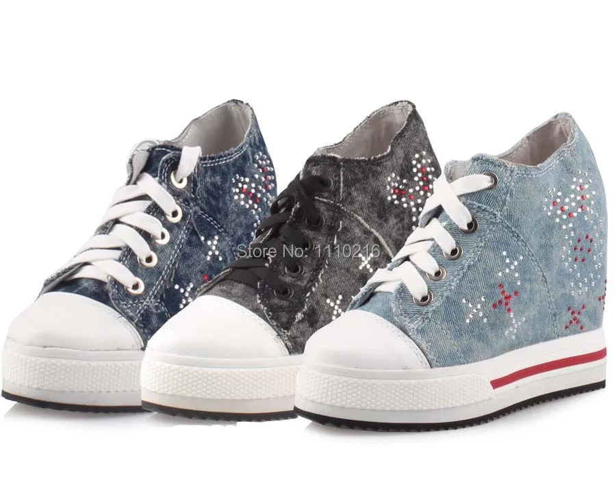 

2017 denim canvas wedges high heels rhinestone low top casual shoes lace up spring autumn platform fashion breathable lady shoes