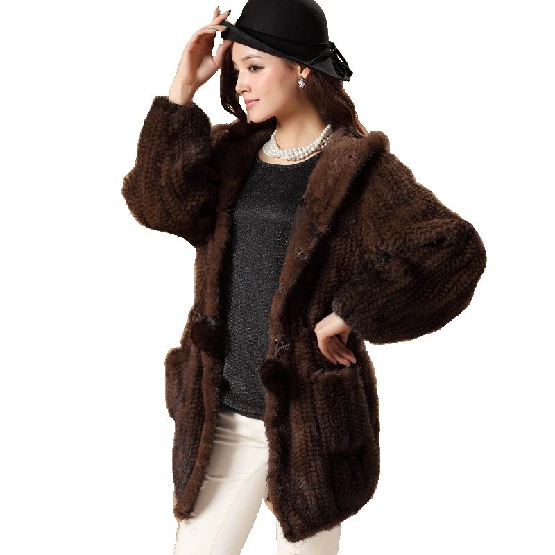 Женский вязаный Тренч с норковым мехом (TopFurMall) меховое пальто капюшоном и