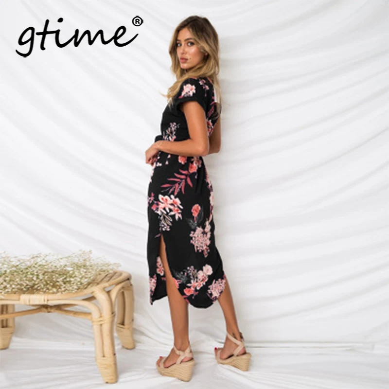 Gtime Прямая поставка Женский цветочный принт пляжное платье в стиле бохо летние