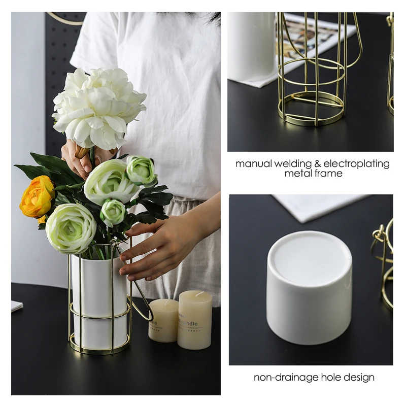 Современная керамическая ваза для цветов с золотой металлической рамой