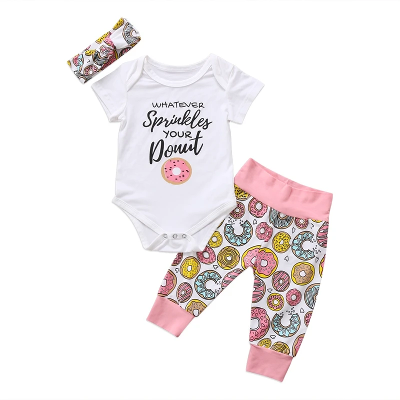 

3 Pieces Casual Newborn Infant Baby Girls Clothes Romper Playsuit Donuts Pants Outfits Set