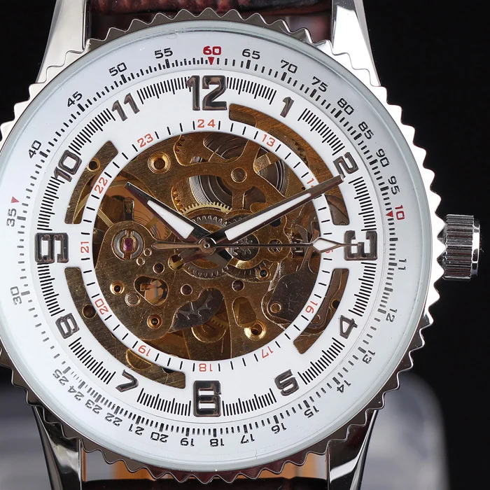 

Top Brand WINNER Men's Fashion Clock Luxury Gear Case Skeleton Watch Hour Dial Leather Strap Automatic Mechanical Wristwatches