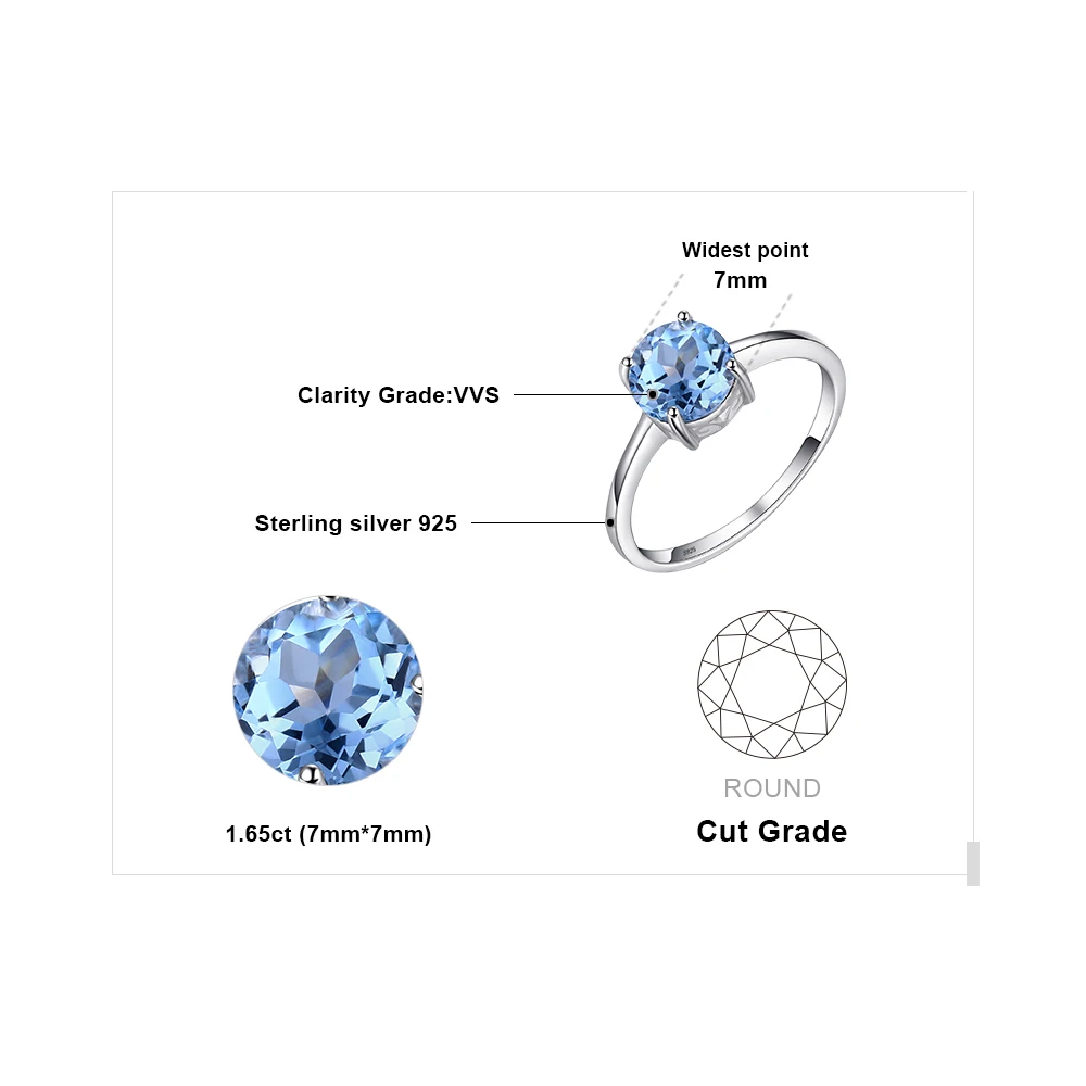 Jewelrypalace круглый 1.6ct Природный Голубой топаз камень пасьянс кольцо натуральная 925