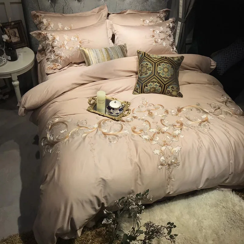 Pink 100S Egyptian Cotton Luxury Royal Embroidery Bedding Set 4/6pcs King Queen Wedding Bed Sheet Cover set Duvet golden | Дом и сад