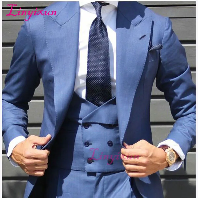 

Linyixun 2017 Latest Light Blue Double Breasted vest Men Suit Tuxedo Slim Fit Skinny 3 Pieces Custom Groom mens suits Blazer