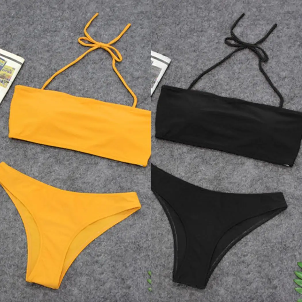 Women Halter Neck Adjustable Spaghetti Strap Yes Back Buckle Solid Bottom Fashion Summer Bikini Set Beach |