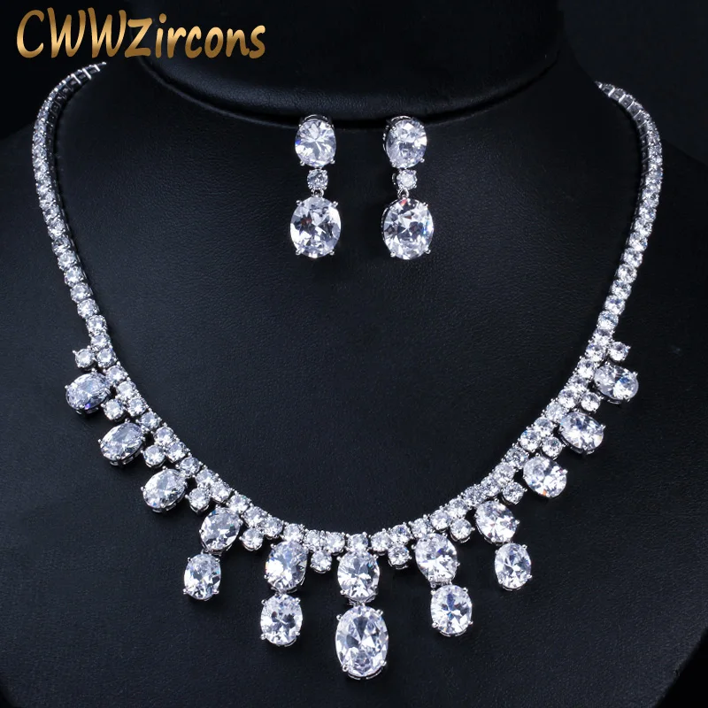 

CWWZircons Round Water Drop White Cubic Zirconia Women Wedding Party Necklace Earrings Luxury Jewelry Sets for Brides T172