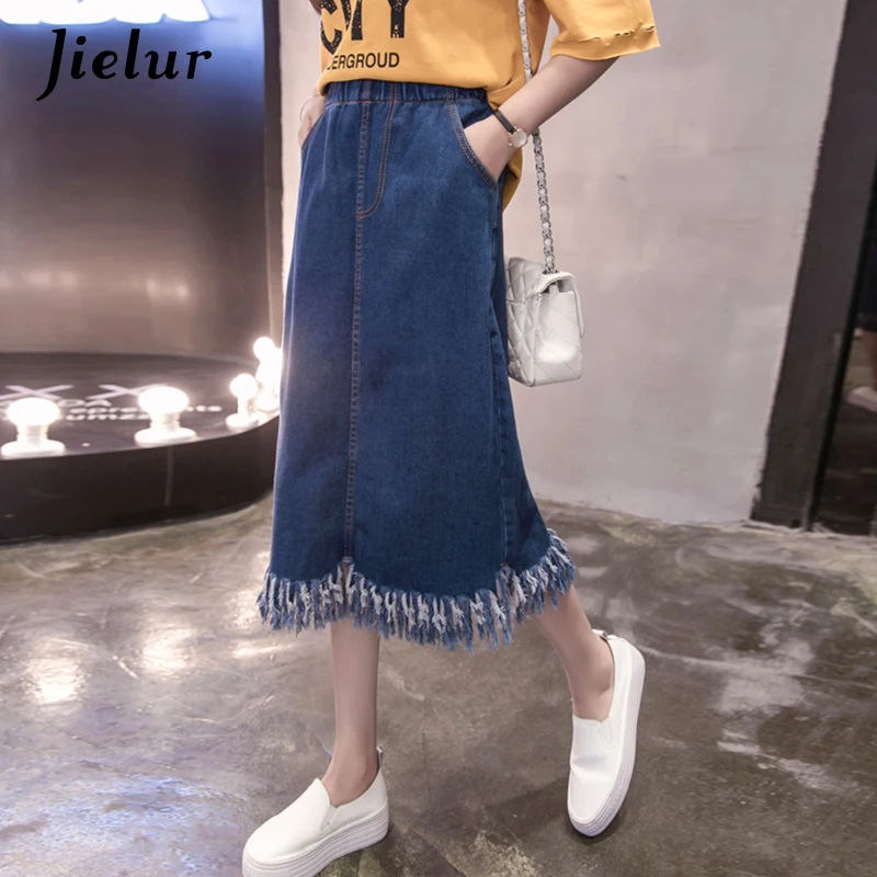 Jielur Новые Карманы синие женские джинсовые юбки с кисточками свободный