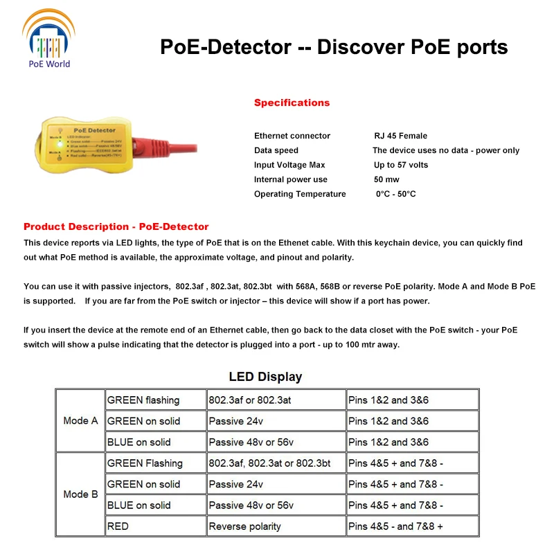 

PoE Detector PoE Tester LED Display indicates passive /802.3af/at; 24v/48v/56v, Quickly identify Power over Ethernet