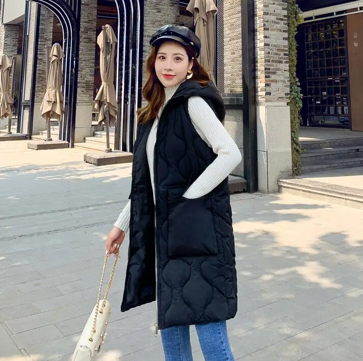 Women Hooded Long Vest Jacket Gilet Sleeveless Waistcoat Women's Outerwear with Hood - Цвет: Черный
