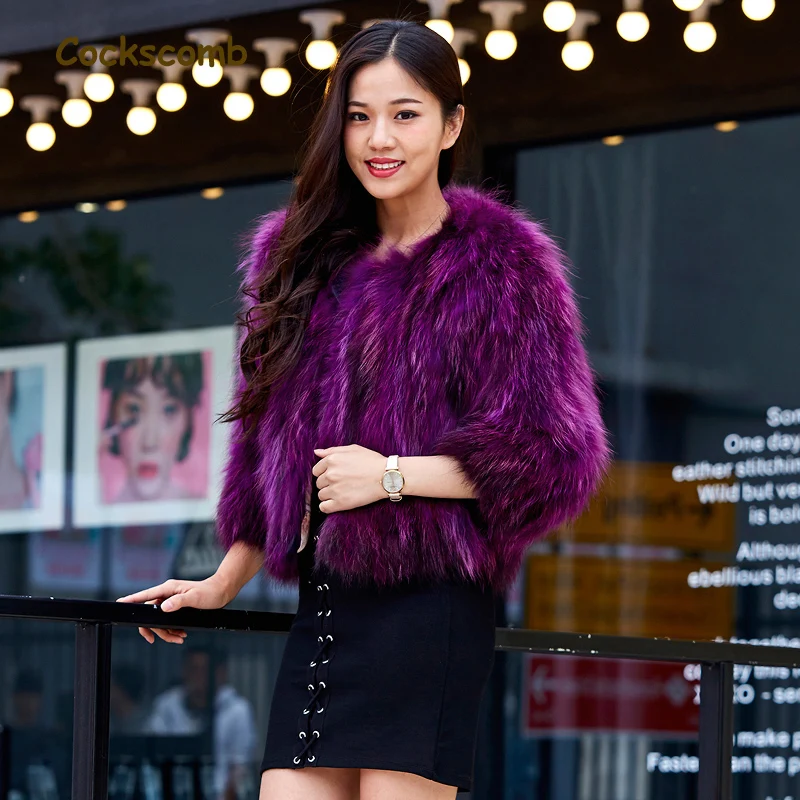 

Cockscomb Brand 2019 New Collection Real Raccoon Dog Fur Coat Outerwear Women 3/4 Sleeve O neck Loose Fit Fur Jackets Plus Size