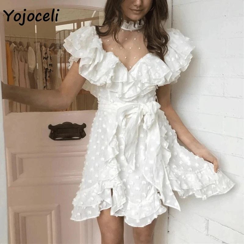 Yojoceli boho пляжное белое шифоновое жаккардовый в горошек платье женское мини с