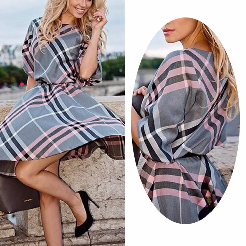 Лето 2016 новинка женщины плед печать платье свободного покроя о-образным вырезом