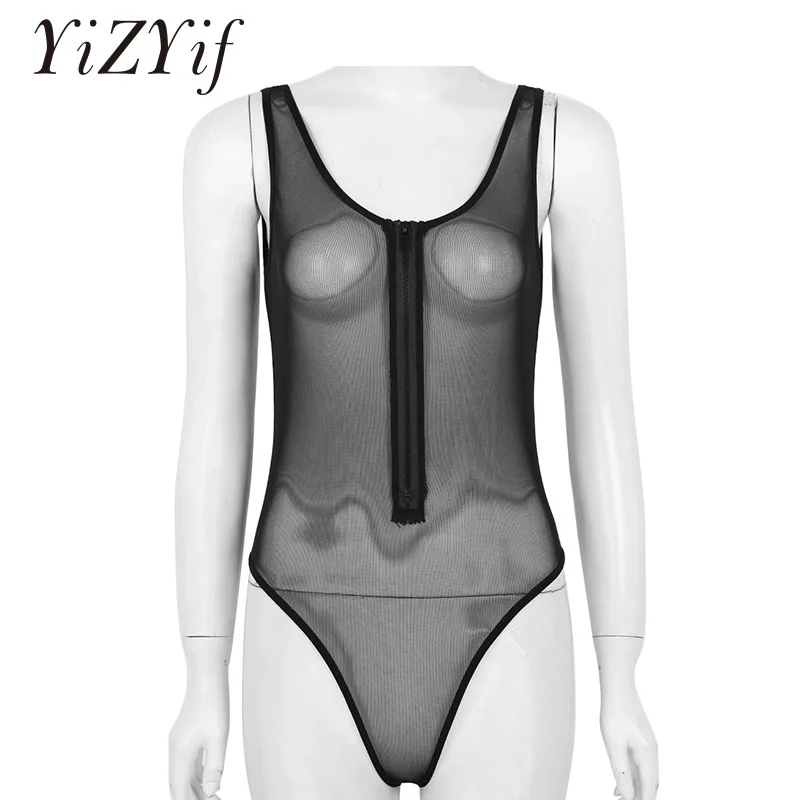 

Women One piece Teddy Babydoll Bodysuit See Through Sheer Mesh Lingerie Deep U-neck Sleeveless Front Zippered High Cut Leotards