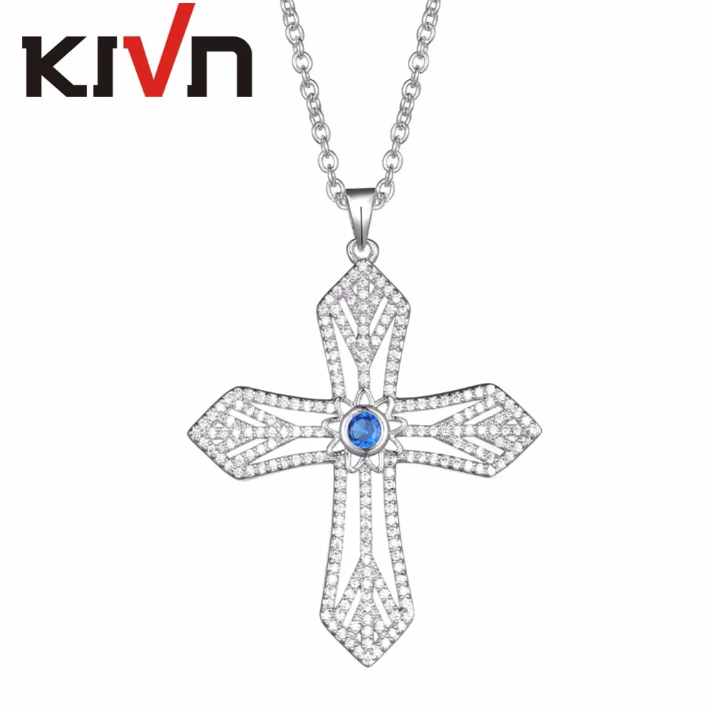 

KIVN модные ювелирные изделия паве Королевский Синий CZ кубический цирконий Свадебный крест кулон ожерелья подарки на день рождения 6 шт парти...