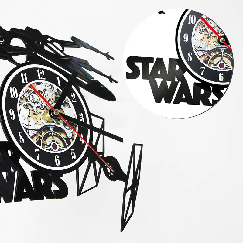 Creative Star Wars Theme Airplane Record Clock 3D Model Hollow Wall Clock Vinyl Record Material Antique Style Hanging Clock