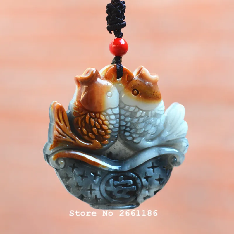 

Natural gray Hetian Jades Pendant 3D Carved Love fish Pendant Necklace Gift for Women Men's Jewelry Free Rope