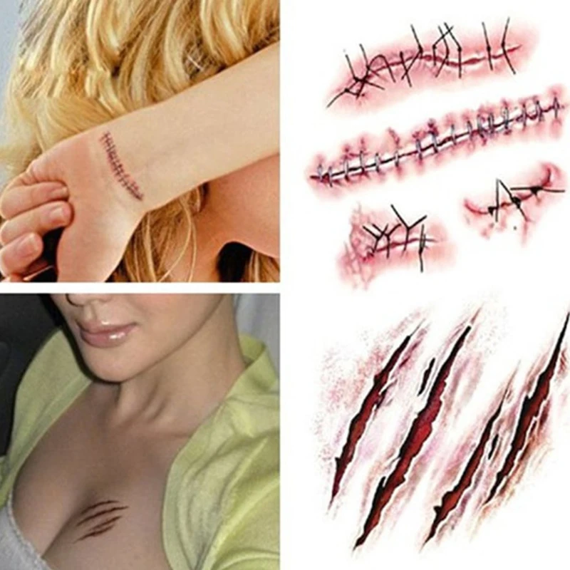 

10PCS/LOT Halloween Zombie Scars Tattoos With Fake Scab Bloody Banquet Makeup Party Decorations Wound Scary Blood Injury Sticker