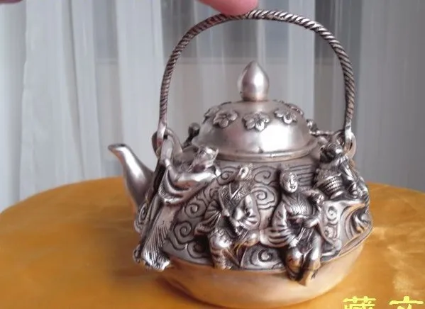 buddhist bronze coated exquisite Tibet silver eight immortal Teapot pot 10 cm tall Decoration real Tibetan Silver Brass
