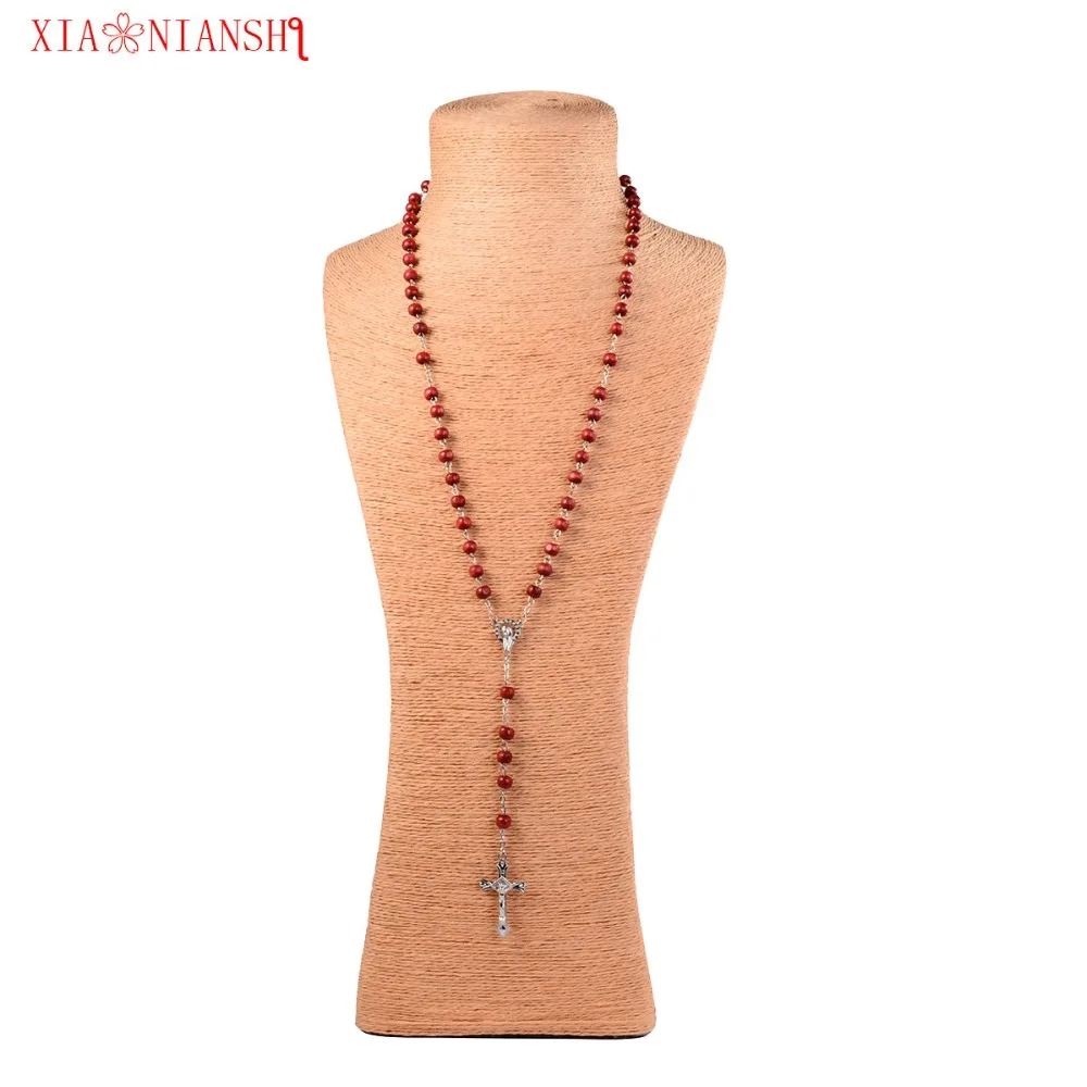 Круглое деревянное ожерелье из сплава цепочка с кулоном в виде Креста Иисуса