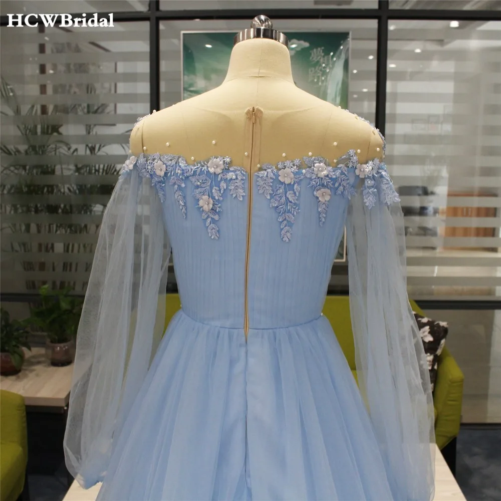 

Light Blue Long Sleeve Evening Dress Sweep Train High Split Pearls Lace Tulle Prom Gowns New Custom Made Women Occasion Dresses