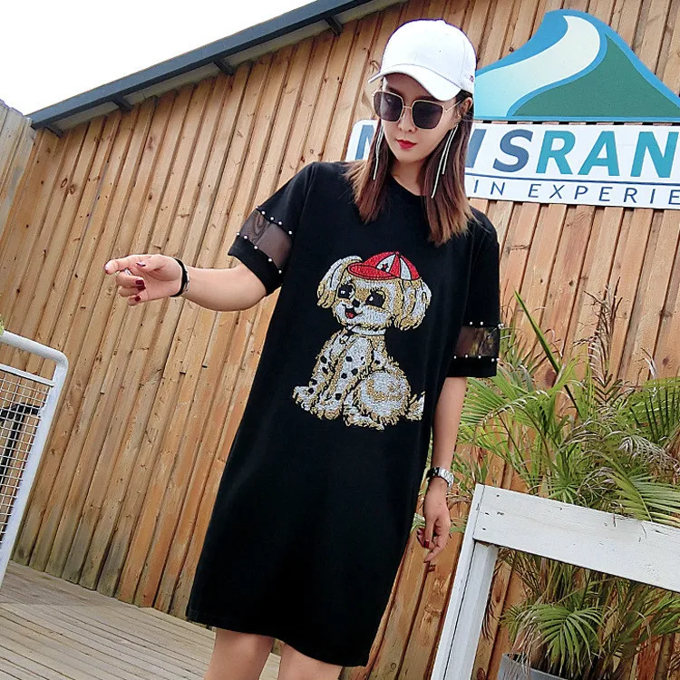 Vefadisa Mesh Patchwork Summer Dresses 2018 Cartoon Dog Pattern Dress for Women Rhinestone Decoration Plus Size AD1670 | Женская одежда