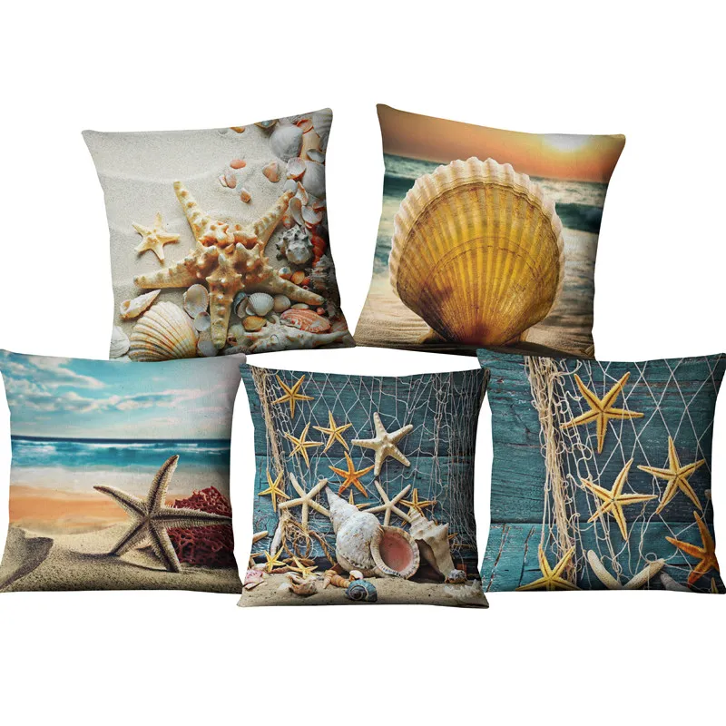 

Cotton Linen Pillowcase Starfish Shell Printed Square Cushion Cover Decorative Home Sofa Car Throw Pillows Home Decor