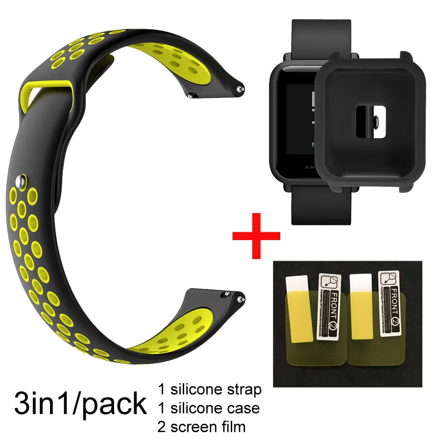 blackyellow-blackcas 3в1 ремешок для часов Huami Amazfit ремешок Bip для Amazfit Bip чехол силиконовый ремешок защитный чехол для экрана аксессуары - Цвет: blackyellow-blackcas