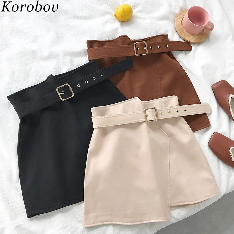 Korobov модные однотонные пояса облегающая короткая юбка нерегулярные Корейский