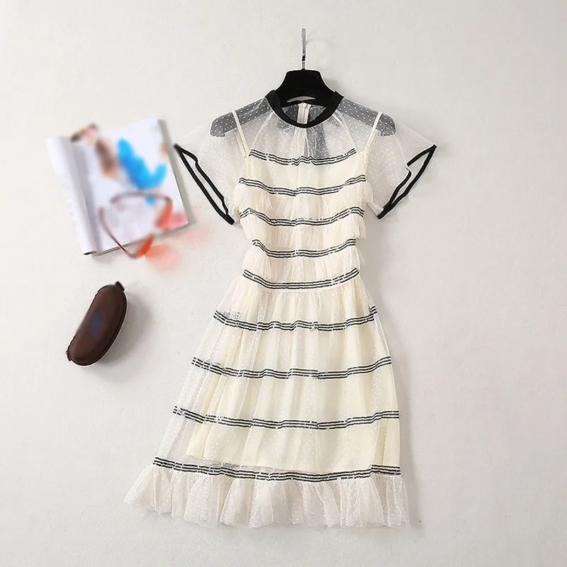 Летнее платье 2019 модное женское с бантом в полоску многослойное сказочное