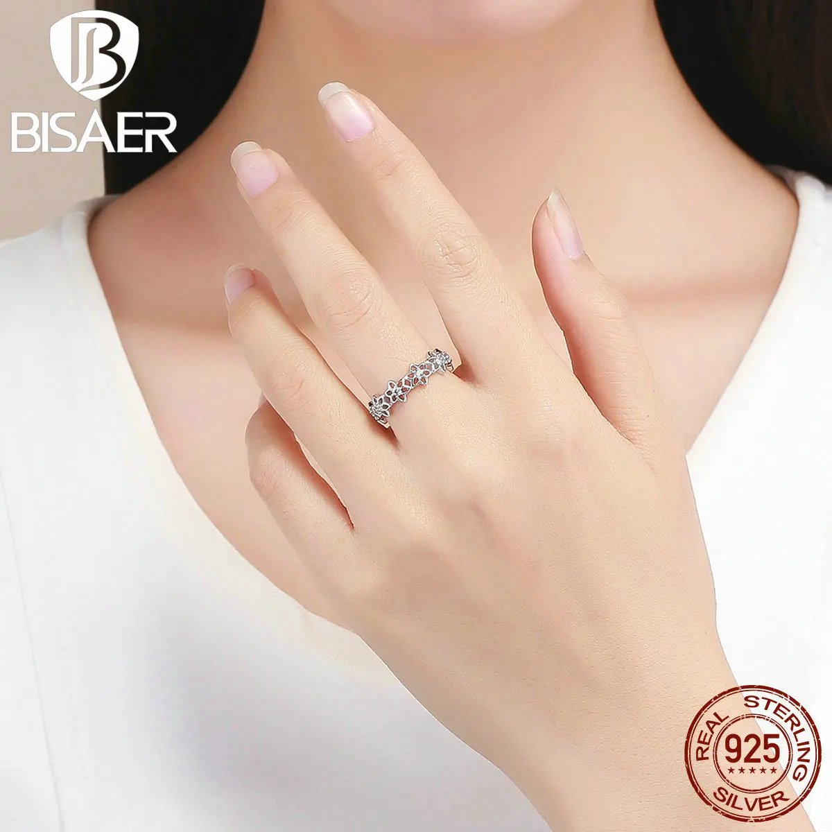 BISAER, 925 пробы, серебро, цветущая Бегония, цветы, круглые, женские кольца, модное кольцо, Стерлинговое серебро, ювелирные изделия EFR029