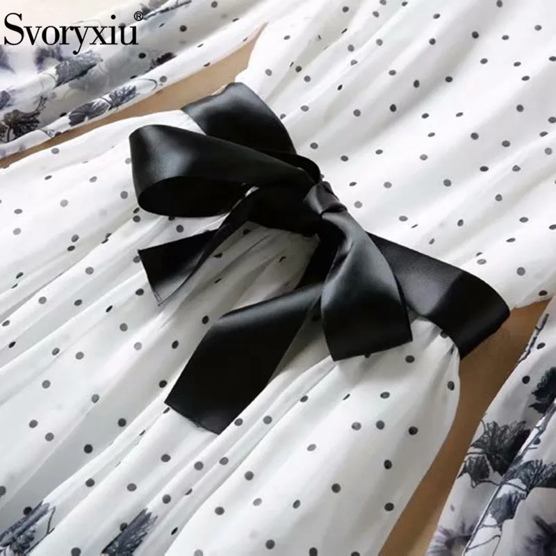 Svoryxiu моды взлетно-посадочной полосы летнее платье Макси Для женщин элегантные с длинным рукавом в горошек с цветочным принтом для отдыха и вечеринок Макси платья