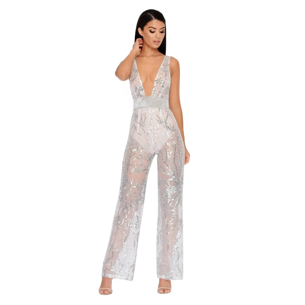 High Quality Sequined Sexy Low Bosom Night Club Fashion Bodycon Black Party Gauzy Women Jumpsuits | Женская одежда