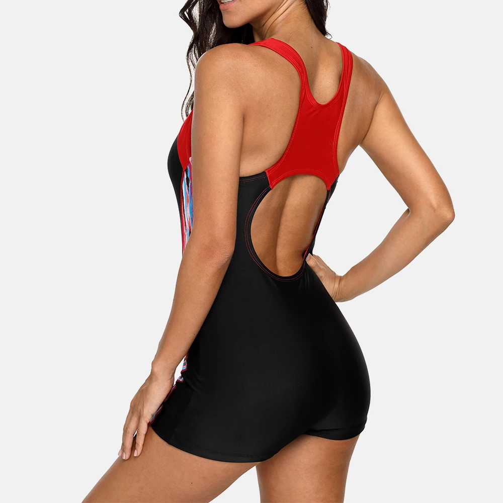 Charmo  One Piece Women Sports Swimsuit Athletic Racerback Swimwear Pad Bikini Boy leg Beach Wear Bathing Suits printed Monokini