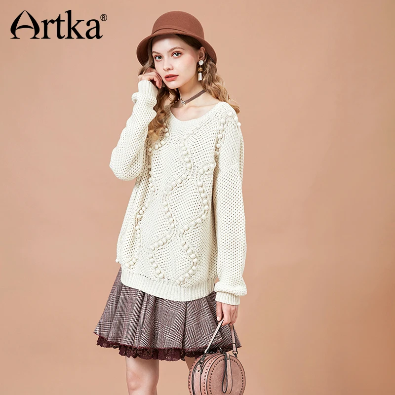 ARTKA 2018 осенний Новый Винтажный женский свободный вязаный свитер Однотонный с