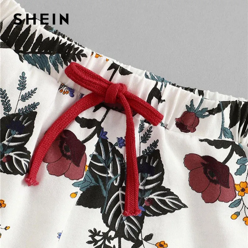 SHEIN/одинаковые комплекты для семьи, топ с растительным принтом для девочек и шорты на завязках, комплект летней хлопковой одежды с короткими рукавами и шортами, одежда для сна