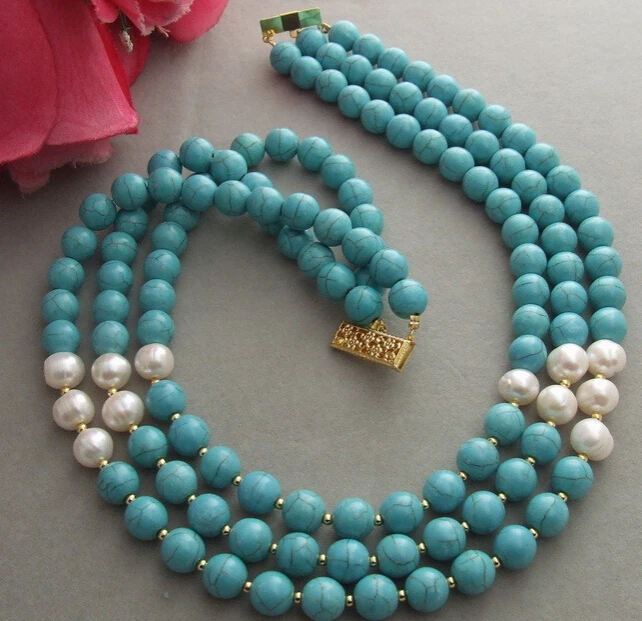 

Hot sale Free Shipping 3 strds 8mm stone & white pearl necklace 17"-19"