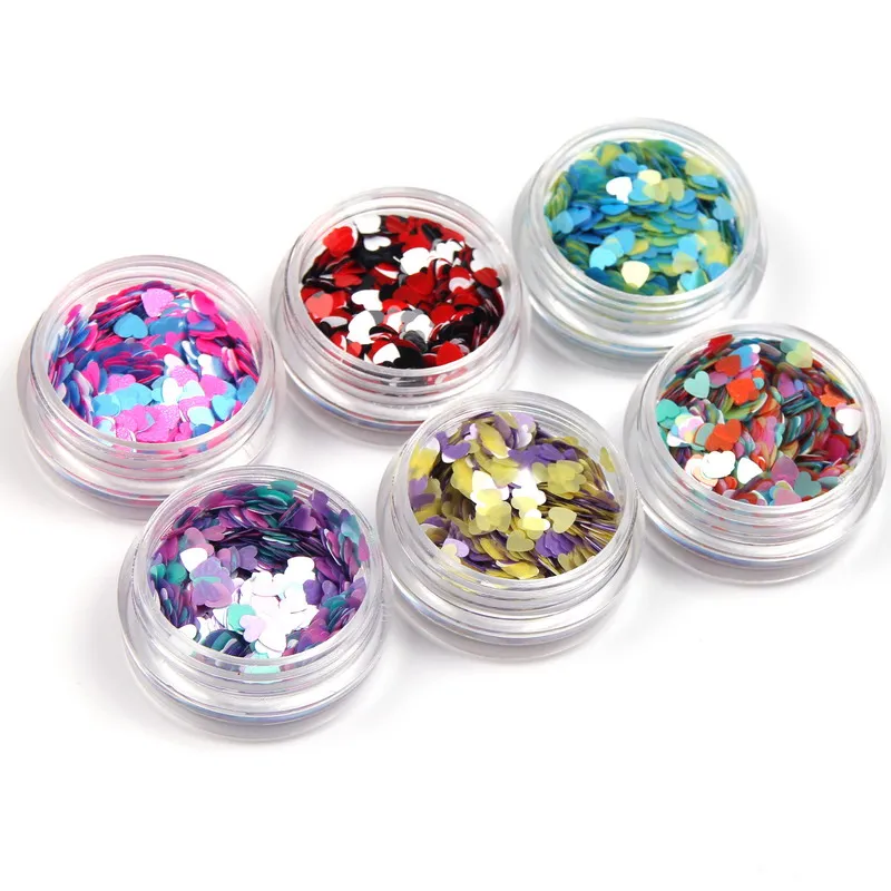 Беззеркальные 6 бутылок Красочные любящее сердце Блестки для ногтей Акриловые
