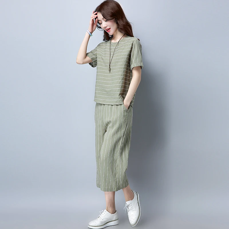 Летний хлопковый льняной спортивный комплект Женский 2018 модный костюм с