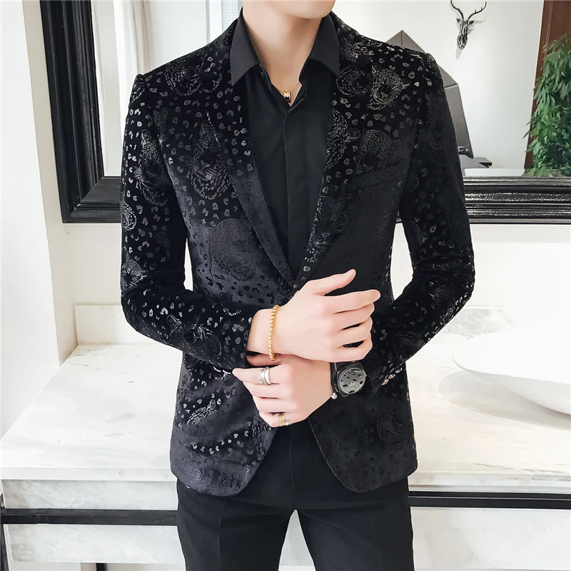 Slim Fit Black Blazer Men 2019 New Arrival Mens Velvet Blazers Floral Prom Dress Casual and Suit Jacket Q24 | Мужская одежда