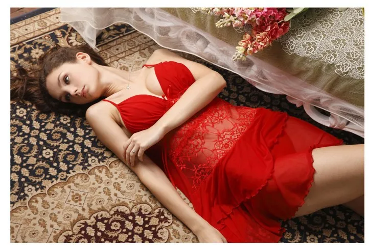 Сексуальная женская красная кружевная ночная рубашка нижнее белье платье Ночная