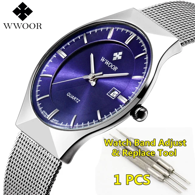 blue Мужские часы WWOOR модные джентльменские сетчатые стальные часы мужские Ультра тонкие наручные часы мужские s водонепроницаемые минималистичные черные часы мужские - Цвет: blue