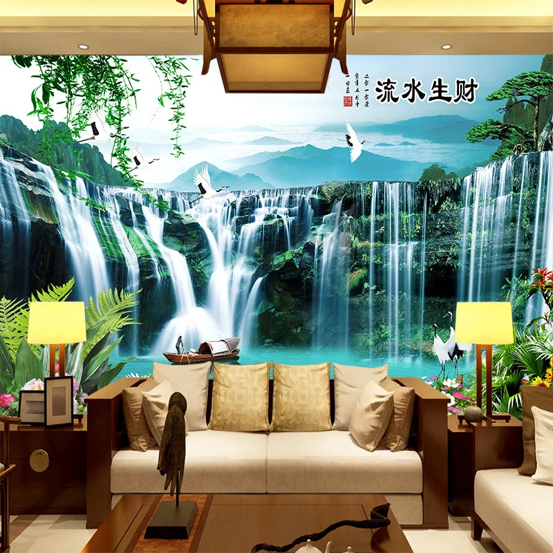 

Customized large mural wallpaper 3D Chinese style landscape with waterfall boat behind TV sofa as background wallpaper in room